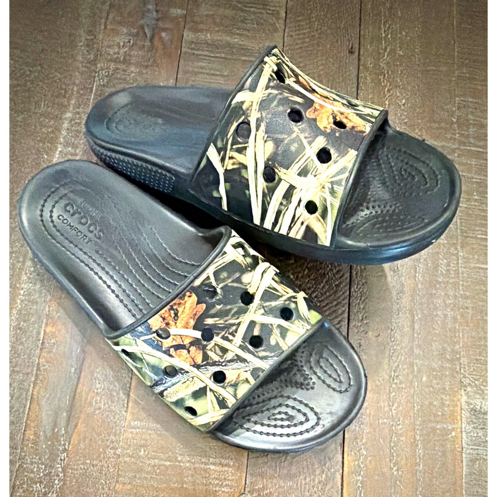 Crocs Camo/Black Slide Sandals Slip On  M7 W9 Unisex Hunting Outdoor Casual